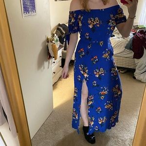 Off The Shoulder Blue Long Floral Dress